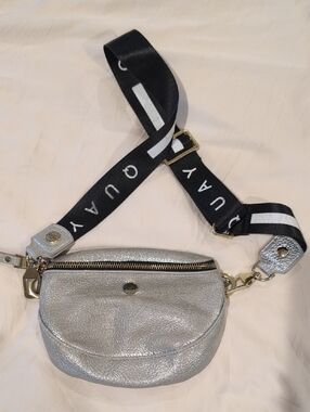 Silver Crossbody Belt Bag with Black Branded Strap -Quay